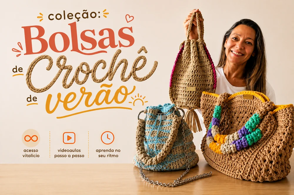 Coleção Bolsas de Crochê de Verão: Kelly segurando uma bolsa de crochê ao lado de outras duas bolsas prontas, com selos de acesso vitalício, videoaulas passo a passo e aprenda no seu ritmo