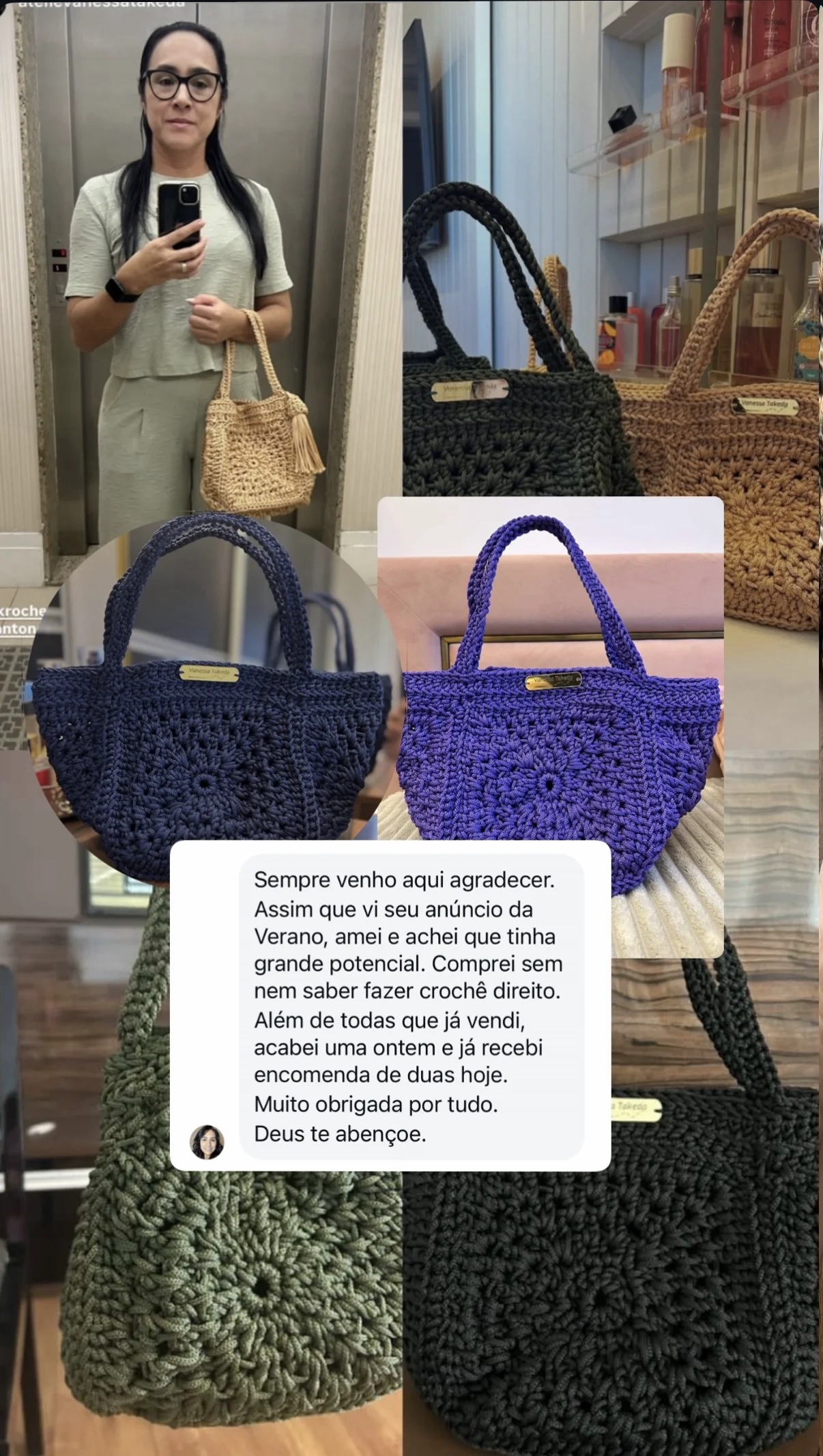 Depoimento de aluna: comprou sem saber crochê, já vendeu várias bolsas e recebeu encomendas
