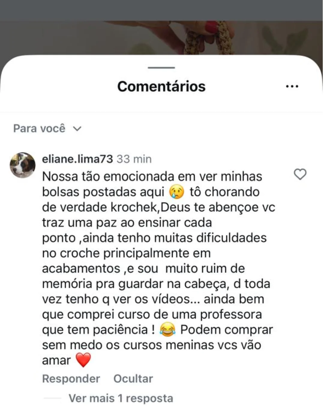 Comentário público da aluna Eliane recomendando o curso para outras pessoas