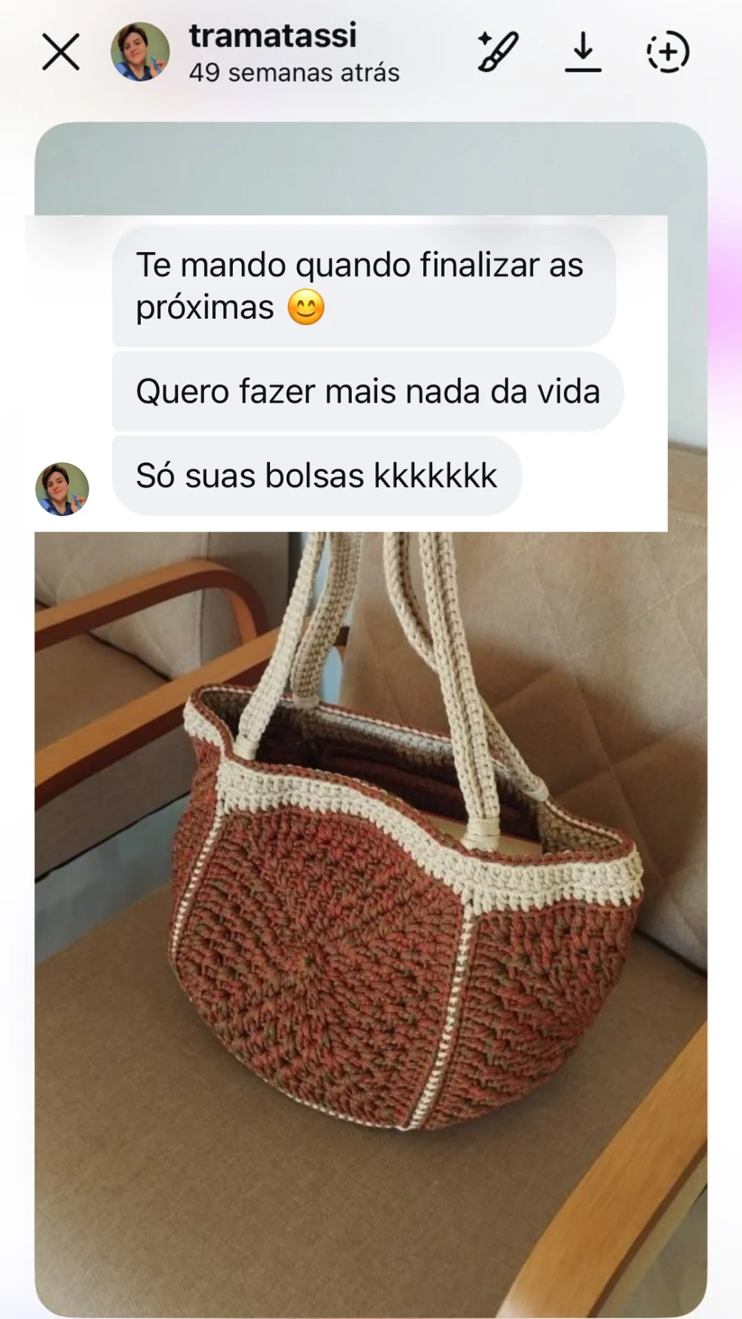 Depoimento de aluna: recebeu a bolsa pronta e disse que só quer fazer as bolsas da Kelly