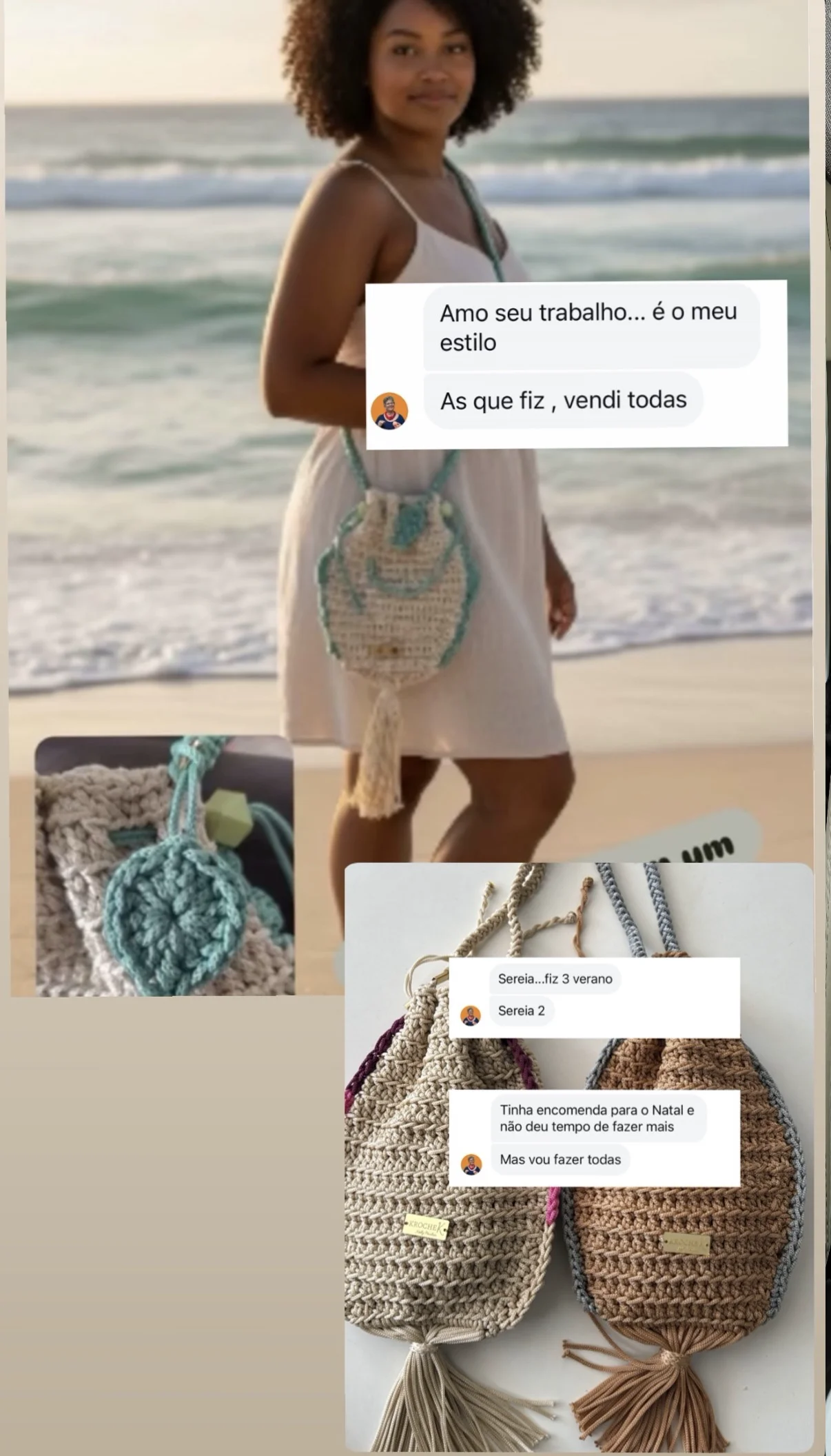 Depoimento de aluna: ama o trabalho, vendeu todas as bolsas que fez e já fez 3 da coleção verão