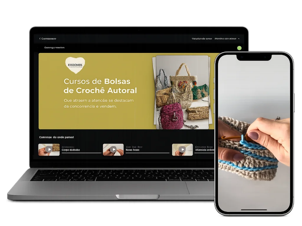 Área de membros do curso aberta no notebook e aula em vídeo aberta no celular