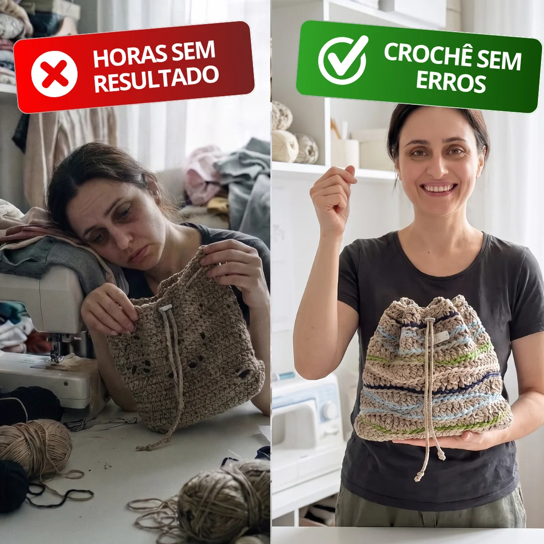 Antes: horas sem resultado e frustrada com a bolsa torta. Depois: crochê sem erros, orgulhosa segurando a bolsa pronta