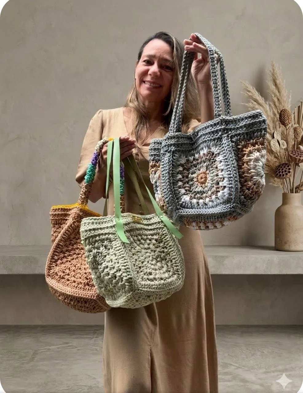 Kelly segurando três bolsas de crochê prontas, em cores diferentes